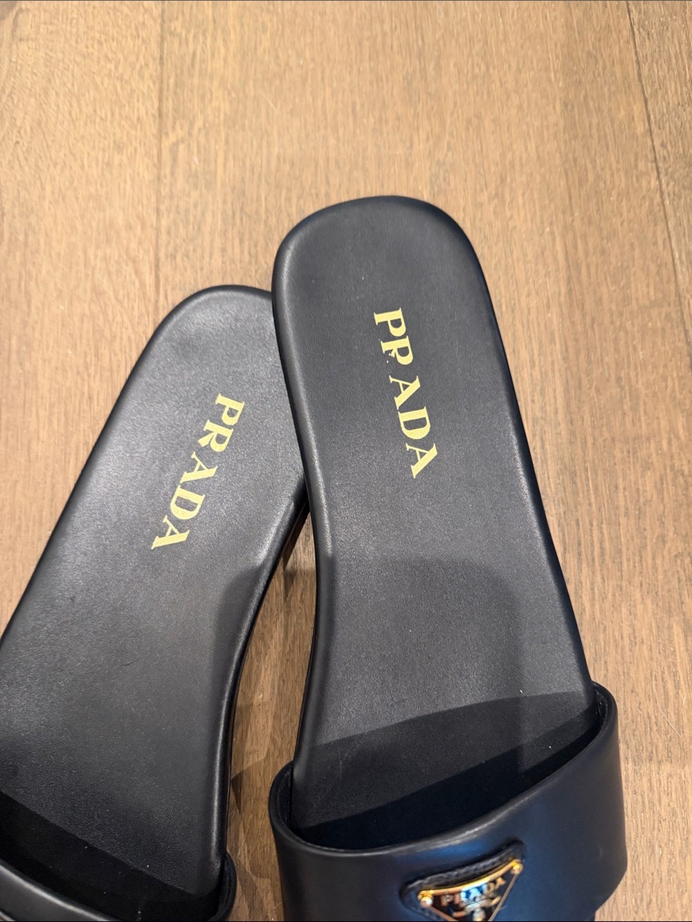 Prada Black Leather Logo Slide Sandals with Gold Accents - Picture 3 of 5